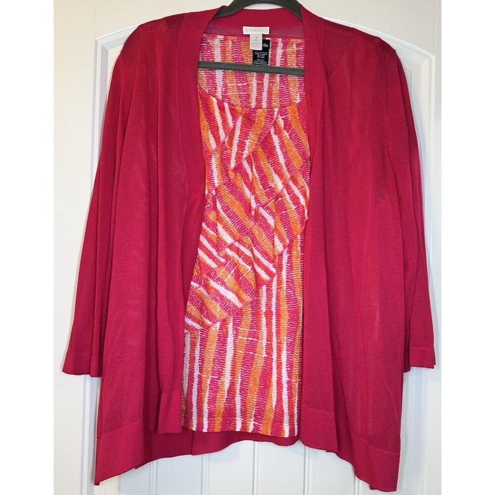 Chico's Cardigan Sweater Topper Chicos 3 Open‎ Front 3/4 Sleeve Bright Pink